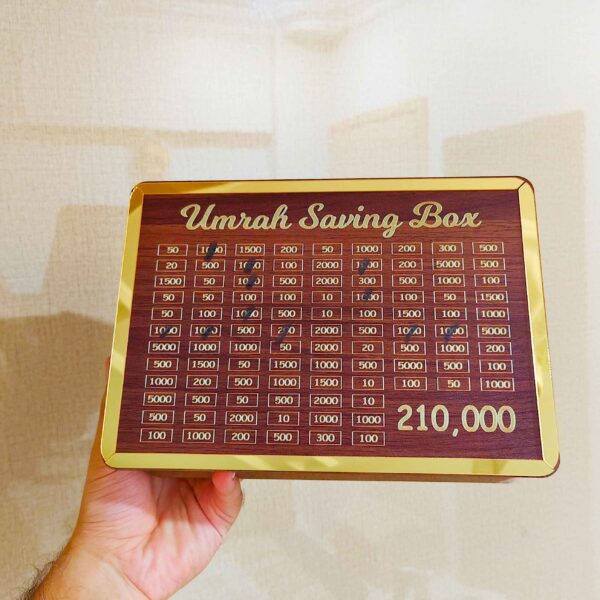 Umrah Saving Box – Save Rs. 210,000 | High-Quality Wooden Money Box for Daily Saving